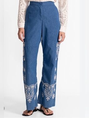 Johnny Was Chambray Blue Wide Leg Pants with White Embroidery Cotton Size Small